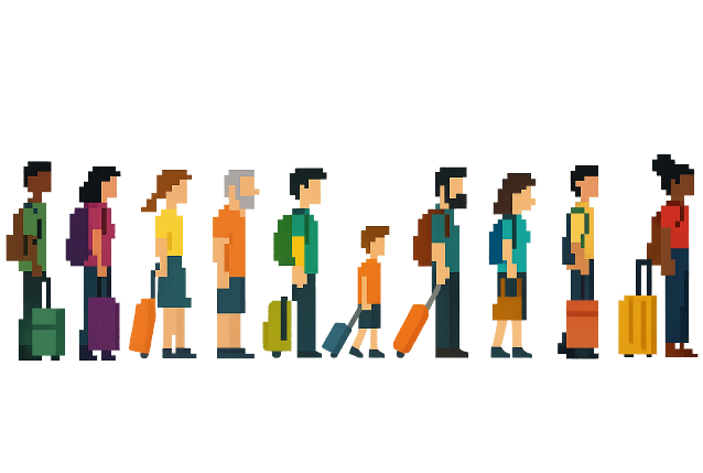 Queue of people on the left