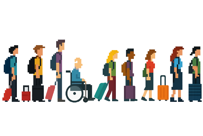 Queue of people on the right